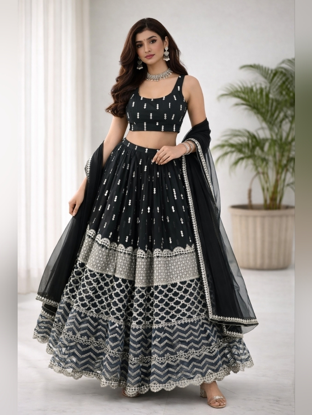 Dark green Sequin Zari Embroidery Work Lehenga Choli